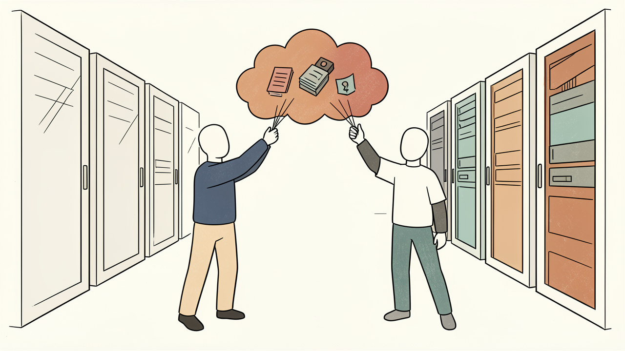 Illustration of two people reaching through a cloud between rows of server racks to exchange documents, a laptop and a key