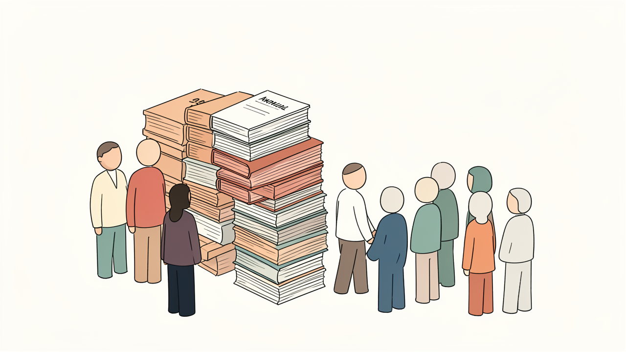 Ilustración a mano alzada de una pila alta de informes anuales con dos grupos de personas de pie a cada lado