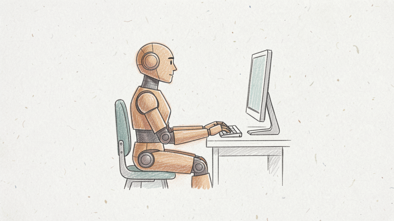 Illustration of a friendly robot assisting a human worker